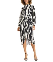 Maggy London Printed Georgette Mock Neck Long Sleeve Belted Tulip Hem Midi Dress