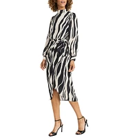 Maggy London Printed Georgette Mock Neck Long Sleeve Belted Tulip Hem Midi Dress