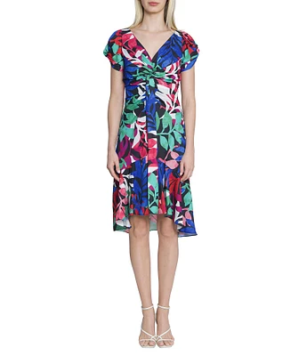 Maggy London Printed Georgette V-Neck Short Ruched Sleeve Drape Front High-Low Hem A-Line Dress