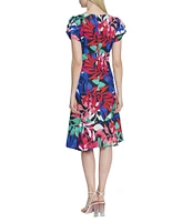 Maggy London Printed Georgette V-Neck Short Ruched Sleeve Drape Front High-Low Hem A-Line Dress