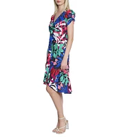 Maggy London Printed Georgette V-Neck Short Ruched Sleeve Drape Front High-Low Hem A-Line Dress