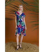 Maggy London Printed Georgette V-Neck Short Ruched Sleeve Drape Front High-Low Hem A-Line Dress