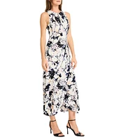 Maggy London Printed ITY Crew Neck Sleeveless Asymmetrical Hem A-Line Midi Dress