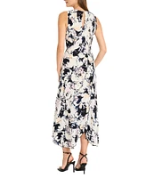 Maggy London Printed ITY Crew Neck Sleeveless Asymmetrical Hem A-Line Midi Dress