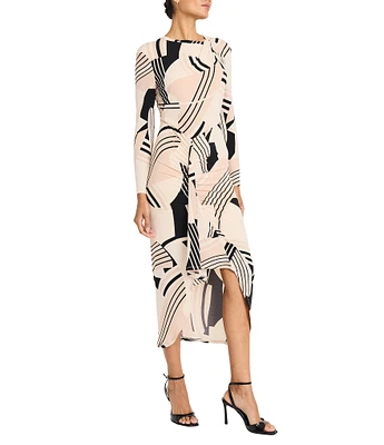 Maggy London Printed Matte Jersey Crew Neck Long Sleeve Ruffle Front Sheath Midi Dress