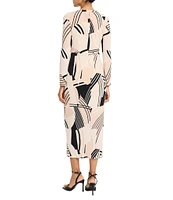 Maggy London Printed Matte Jersey Crew Neck Long Sleeve Ruffle Front Sheath Midi Dress