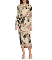 Maggy London Printed Matte Jersey Crew Neck Long Sleeve Ruffle Front Sheath Midi Dress