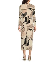 Maggy London Printed Matte Jersey Crew Neck Long Sleeve Ruffle Front Sheath Midi Dress