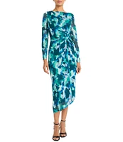 Maggy London Printed Power Mesh Boat Neck Illusion Long Sleeve Side Ruched Asymmetrical Drape Sheath Dress