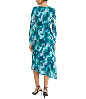 Maggy London Printed Power Mesh Boat Neck Illusion Long Sleeve Side Ruched Asymmetrical Drape Sheath Dress