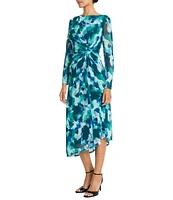 Maggy London Printed Power Mesh Boat Neck Illusion Long Sleeve Side Ruched Asymmetrical Drape Sheath Dress