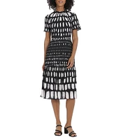 Maggy London Printed Stretch Crepe Ruffle Mock Neckline Short Sleeve Tiered Midi Dress