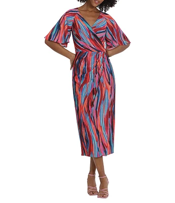 Maggy London Printed Surplice V-Neck Short Sleeve Faux Wrap Midi Dress