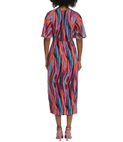 Maggy London Printed Surplice V-Neck Short Sleeve Faux Wrap Midi Dress