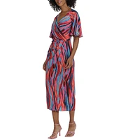 Maggy London Printed Surplice V-Neck Short Sleeve Faux Wrap Midi Dress