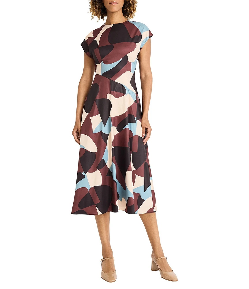 Maggy London Printed Twill Round Neck Short Sleeve Midi Dress