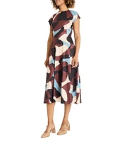 Maggy London Printed Twill Round Neck Short Sleeve Midi Dress