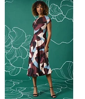 Maggy London Printed Twill Round Neck Short Sleeve Midi Dress