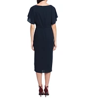 Maggy London Crew Neck Short Dolman Sleeve Faux Wrap Midi Sheath Dress