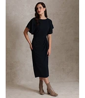 Maggy London Crew Neck Short Dolman Sleeve Faux Wrap Midi Sheath Dress