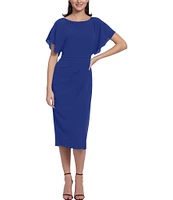 Maggy London Crew Neck Short Dolman Sleeve Faux Wrap Midi Sheath Dress