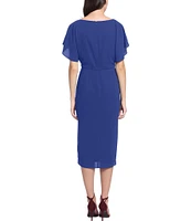 Maggy London Crew Neck Short Dolman Sleeve Faux Wrap Midi Sheath Dress