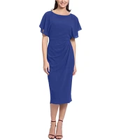 Maggy London Crew Neck Short Dolman Sleeve Faux Wrap Midi Sheath Dress