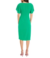 Maggy London Crew Neck Short Dolman Sleeve Faux Wrap Midi Sheath Dress