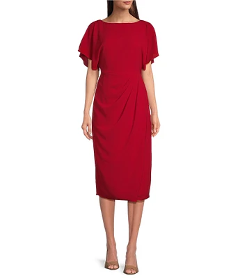 Maggy London Crew Neck Short Dolman Sleeve Faux Wrap Midi Sheath Dress