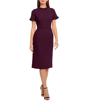 Maggy London Ruffle Mock Neck Short Sleeve Stretch Crepe Midi Pencil Sheath Dress