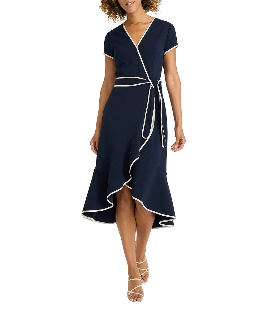 Maggy London Scuba Crepe Contrast Trim V-Neck Short Sleeve Tie Front Wrap Midi Dress