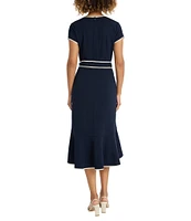 Maggy London Scuba Crepe Contrast Trim V-Neck Short Sleeve Tie Front Wrap Midi Dress