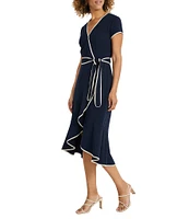 Maggy London Scuba Crepe Contrast Trim V-Neck Short Sleeve Tie Front Wrap Midi Dress