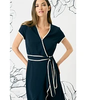 Maggy London Scuba Crepe Contrast Trim V-Neck Short Sleeve Tie Front Wrap Midi Dress