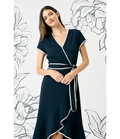 Maggy London Scuba Crepe Contrast Trim V-Neck Short Sleeve Tie Front Wrap Midi Dress