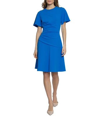 Maggy London Scuba Crepe Crew Neck Short Flutter Sleeve Ruched Dress