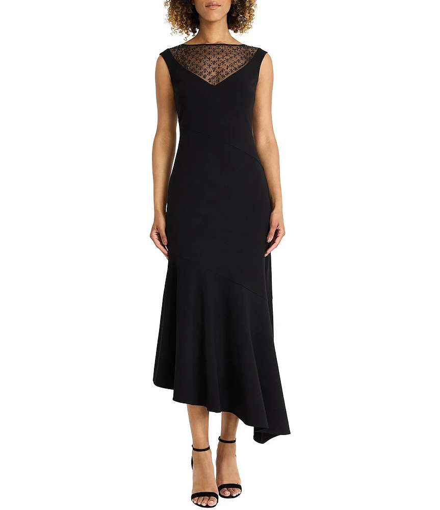 Maggy London Scuba Crepe Illusion Sequin Mesh V-Neck Cap Sleeve Asymmetrical Midi Dress