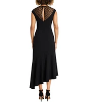 Maggy London Scuba Crepe Illusion Sequin Mesh V-Neck Cap Sleeve Asymmetrical Midi Dress