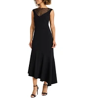 Maggy London Scuba Crepe Illusion Sequin Mesh V-Neck Cap Sleeve Asymmetrical Midi Dress