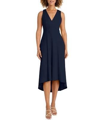 Maggy London Scuba Crepe V-Neck Sleeveless Side Pocket Open Back High Low Midi Dress