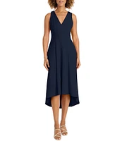 Maggy London Scuba Crepe V-Neck Sleeveless Side Pocket Open Back High Low Midi Dress