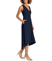 Maggy London Scuba Crepe V-Neck Sleeveless Side Pocket Open Back High Low Midi Dress