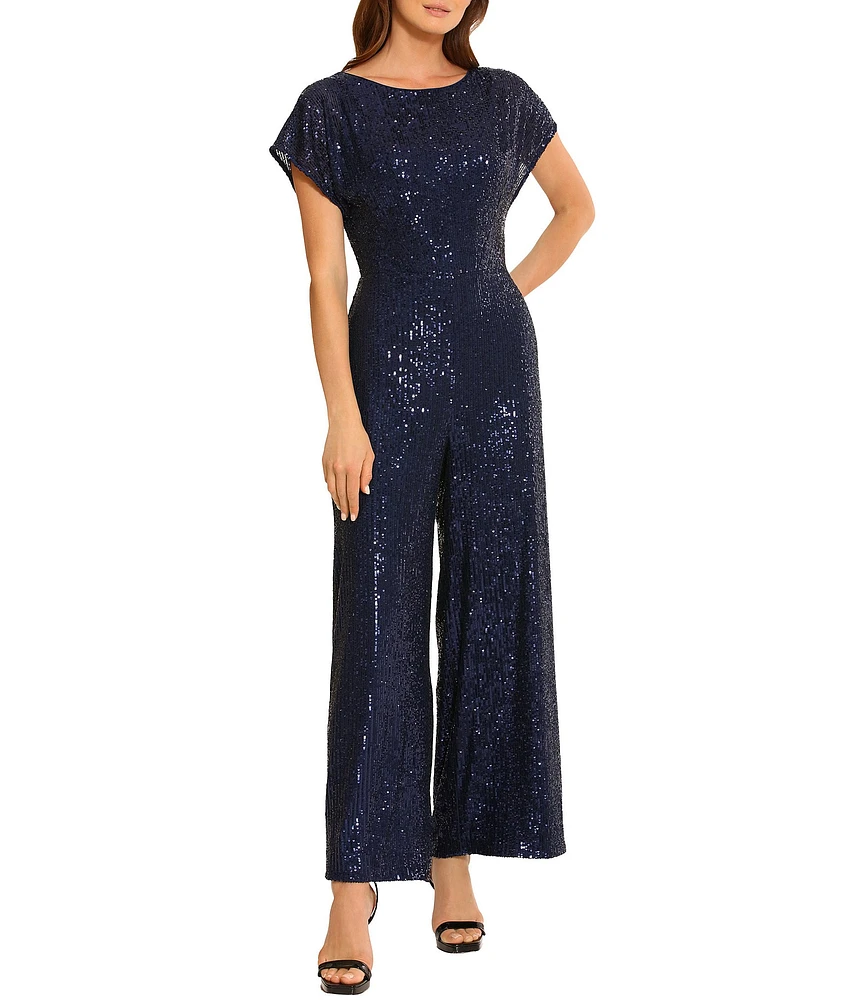 Maggy London Sequin Round Neck Short Sleeve Wide Leg Jumpsuit