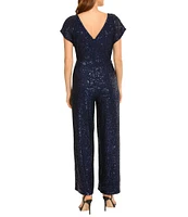 Maggy London Sequin Round Neck Short Sleeve Wide Leg Jumpsuit