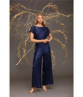 Maggy London Sequin Round Neck Short Sleeve Wide Leg Jumpsuit