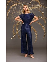 Maggy London Sequin Round Neck Short Sleeve Wide Leg Jumpsuit