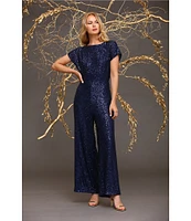 Maggy London Sequin Round Neck Short Sleeve Wide Leg Jumpsuit