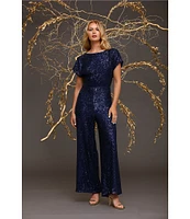 Maggy London Sequin Round Neck Short Sleeve Wide Leg Jumpsuit