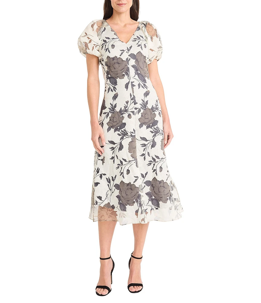 Maggy London Short Puffed Sleeve V-Neck Floral Print Fit And Flare Midi Dress
