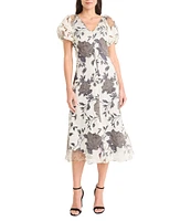 Maggy London Short Puffed Sleeve V-Neck Floral Print Fit And Flare Midi Dress
